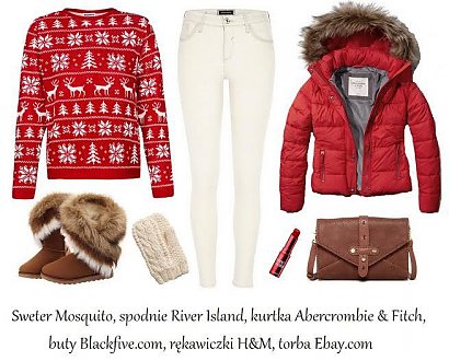 Zimę trudno wyobrazić sobie bez swetra, zwłaszcza takiego! Czerwony sweter ozdobiony reniferami, choinkami i płatkami śniegu  doskonale wpisze się w świąteczny klimat. Można go nosić do wszystkiego – spodni, spódnic, a nawet łączyć go z sukienkami. Nam najbardziej podoba się w połączeniu z białymi spodniami, puchową kurtką oraz obszytymi futrem butami. Strój idealny na zimowe spacery!