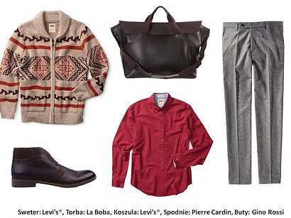 Jeżeli lubisz bawić się modą, sięgnij po stylizację w stylu vintage. Materiałowe męskie spodnie nawiązujace krojem do lat 60. będą wyglądać oryginalnie  w zestawieniu z jasnym swetrem w nordyckie wzory. Duża, skórzana torba podkreśli nonszalancki charakter całości, a w dodatku pomieści wszystkie świąteczne prezenty. 