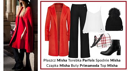 Długi czerwony płaszcz zestawimy z klasycznymi czarno-białymi ubraniami i akcesoriami. Proste, spodnie z rozszerzanymi nogawkami, które na dobre powróciły do łask, z białym topem na ramiączka z romantycznym elementem koronki dają romantyczny. 
Mała torebka jednocząca wszystkie te trzy kolory w jednym miejscu będzie świetnym wyborem.