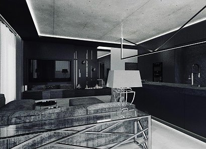 Architektka pokazała projekt salonu z kuchnią! Salon jest utrzymany w czerni i szarościach - niemal wszystkie ściany są czarne, a meble szare.