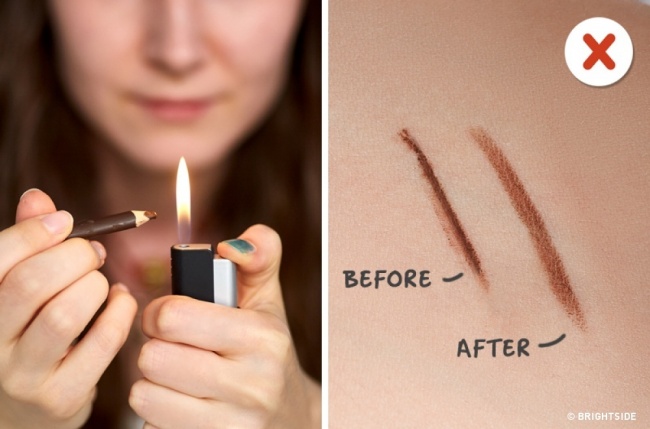 Zamienienie kredki do oczu w ciekły eyeliner za pomocą ogrzewania kredki ogniem? Jak dla nas, efekt jest SŁABY!